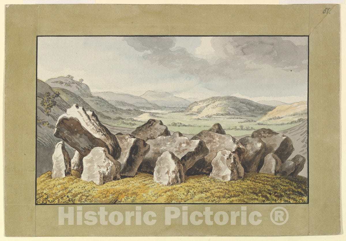 Art Print : Johann Heinrich Wilhelm Tischbein - A Prehistoric Stone Circle on a Mound, an Extensive Landscape Beyond 1 : Vintage Wall Art