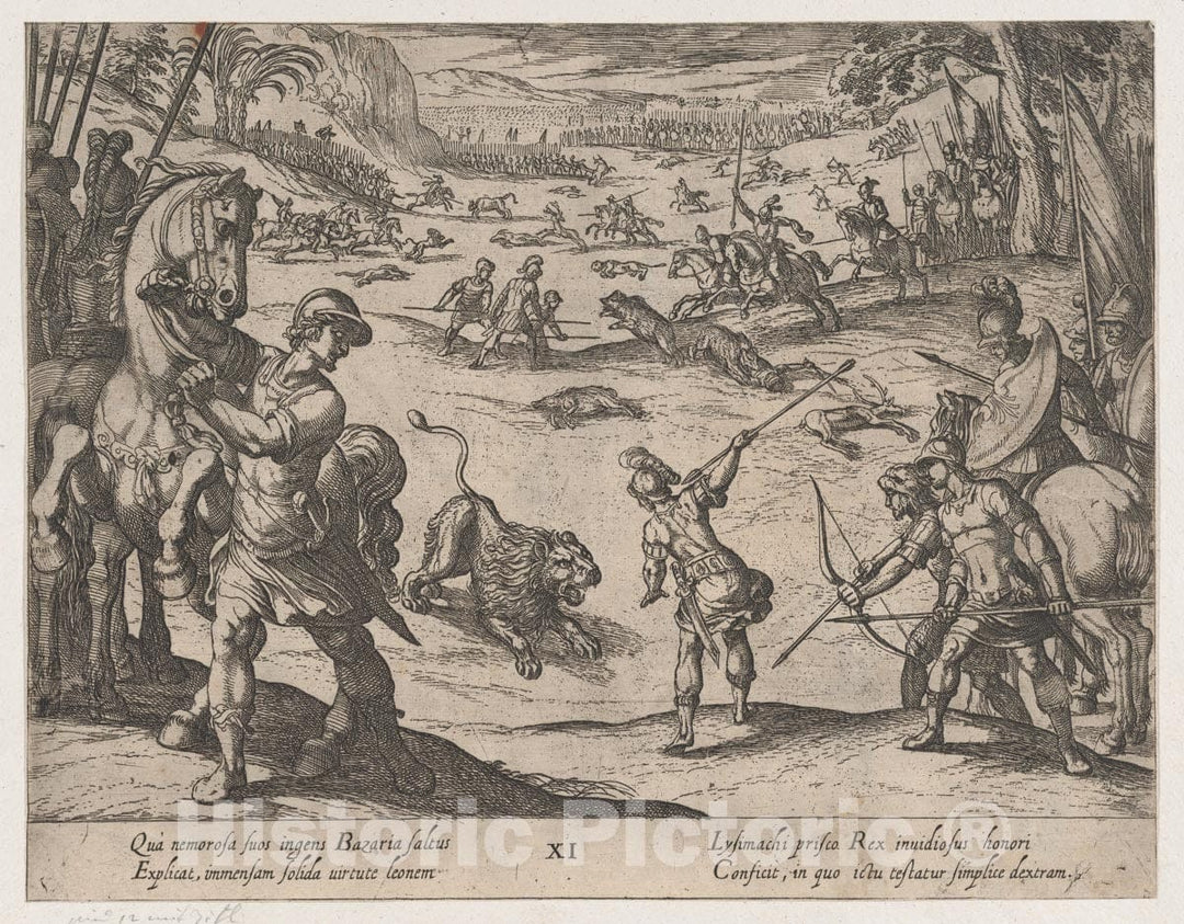 Art Print : Antonio Tempesta - Plate 11: Alexander's Lion Hunt, from The Deeds of Alexander The Great : Vintage Wall Art