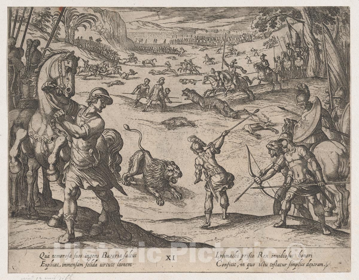 Art Print : Antonio Tempesta - Plate 11: Alexander's Lion Hunt, from The Deeds of Alexander The Great : Vintage Wall Art