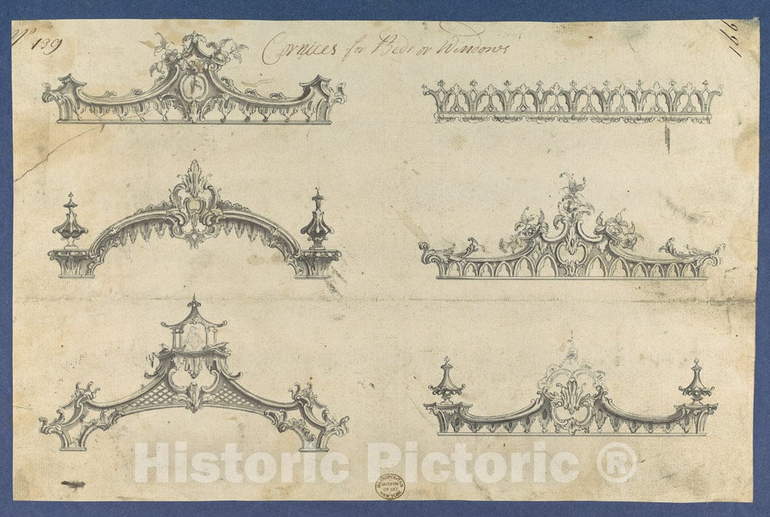 Art Print : Thomas Chippendale - Cornices for Beds or Windows, in Chippendale Drawings, Vol. I : Vintage Wall Art