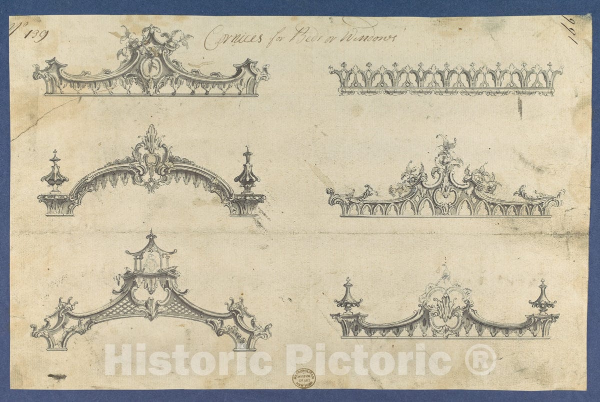 Art Print : Thomas Chippendale - Cornices for Beds or Windows, in Chippendale Drawings, Vol. I : Vintage Wall Art