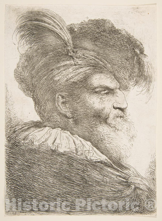 Art Print : Giovanni Benedetto Castiglione (Il Grechetto) - Head of an Old Man Facing Right : Vintage Wall Art