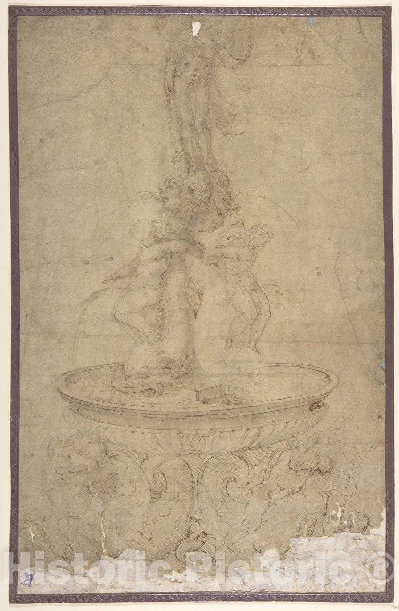 Art Print : Battista Franco - Design for a Fountain with Sea Horses and Triton Base, Basin, Dolphins and Tritons, Three Grotesque Heads and Neptune : Vintage Wall Art