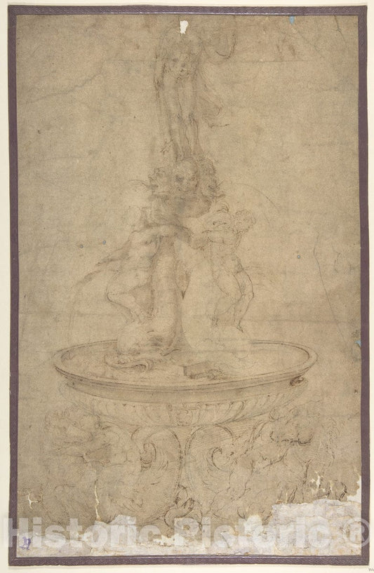 Art Print : Battista Franco - Design for a Fountain with Sea Horses and Triton Base, Basin, Dolphins and Tritons, Three Grotesque Heads and Neptune : Vintage Wall Art