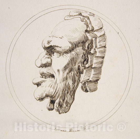 Art Print : Gaetano Piccini - Human Mask Looking to The Left Within a Circle : Vintage Wall Art