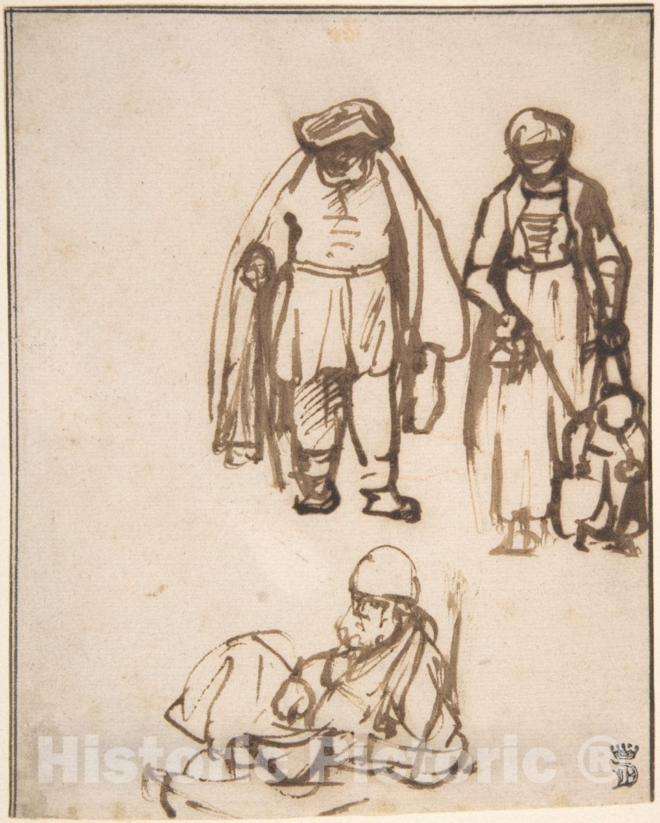 Art Print : Nicolaes Maes - Studies of Two Men and a Woman Teaching a Child to Walk : Vintage Wall Art