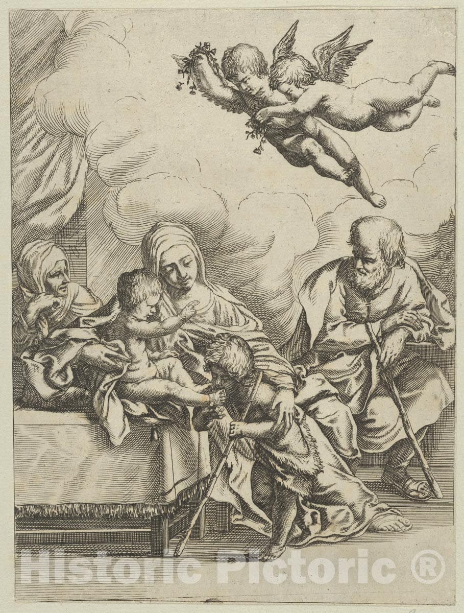 Art Print : Anonymous, 17th Century - The Holy Family with Young John The Baptist and Saint Elizabeth, Two Angels Above, After Reni 2 : Vintage Wall Art