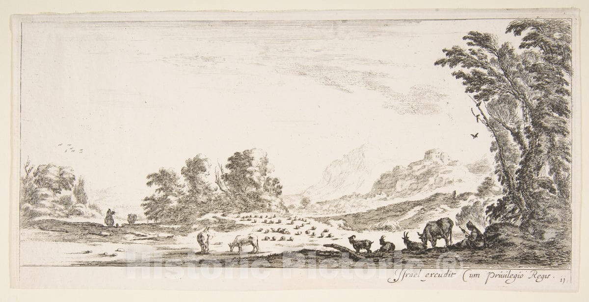 Art Print : Plate 11: Shepherdess Seated to The Right Under a Tree - Artist: Stefano Della Bella - Created: c1641 v.2 : Vintage Wall Art
