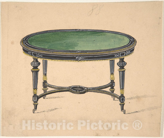 Art Print : British, 19th Century - Design for a Round or Oval Table with a Green Top and Black and Gold Sides and Legs : Vintage Wall Art