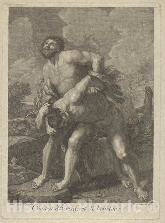 Art Print : Engraved by Robert Hecquet - Hercules Wearing a Lion Skin and Fighting Achelous, a Landscape in The Background, After Reni : Vintage Wall Art