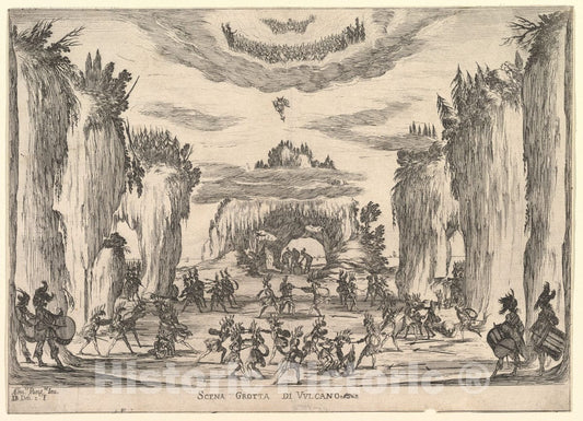 Art Print : Stefano Della Bella - Grotto Scene with Vulcan, from 'The Marriage of The Gods' (Le nozze Degli Dei) : Vintage Wall Art