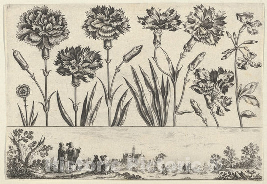 Art Print : Nicolas Cochin - Horizontal Panel with a Row of Flowers Above a Frieze with Figures in a Landscape 2 : Vintage Wall Art
