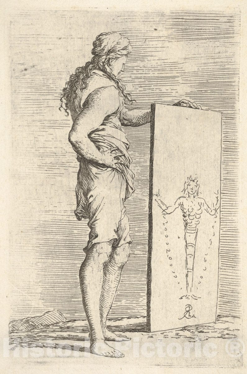 Art Print : Salvator Rosa - A Figure Supporting a Tablet with a Representation of a Herm of Diana of Ephesus, from The Series 'Figurine' : Vintage Wall Art