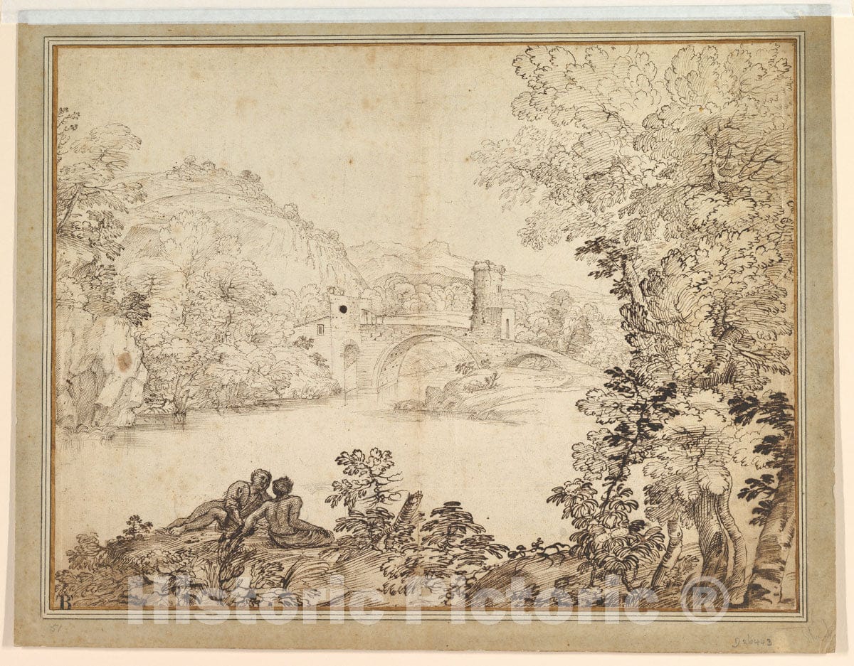 Art Print : Giovanni Francesco Grimaldi - Landscape with a Bridge and Two Figures : Vintage Wall Art