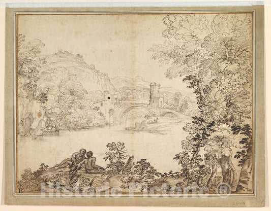 Art Print : Giovanni Francesco Grimaldi - Landscape with a Bridge and Two Figures : Vintage Wall Art