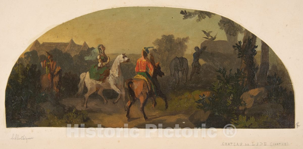 Art Print : Jules-Edmond-Charles Lachaise - Mural Design Picturing Riders in a Landscape for a Lunette in The Library of The Chateau de Lude (Sarthe) : Vintage Wall Art