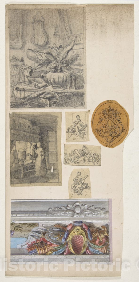Art Print : Jules-Edmond-Charles Lachaise - Seven Drawings,Including Four Decorative Motifs and Two Scenes of interiors : Vintage Wall Art
