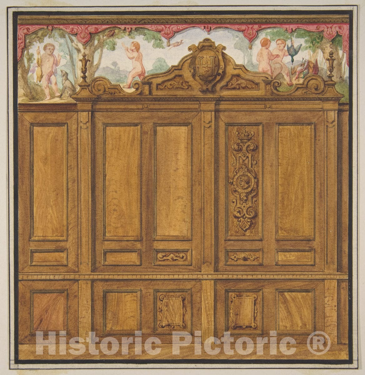 Art Print : Jules-Edmond-Charles Lachaise - Design for The Decoration of a Room with a Large Wood-Paneled Cupboard surmounted by The Monogram: H : Vintage Wall Art