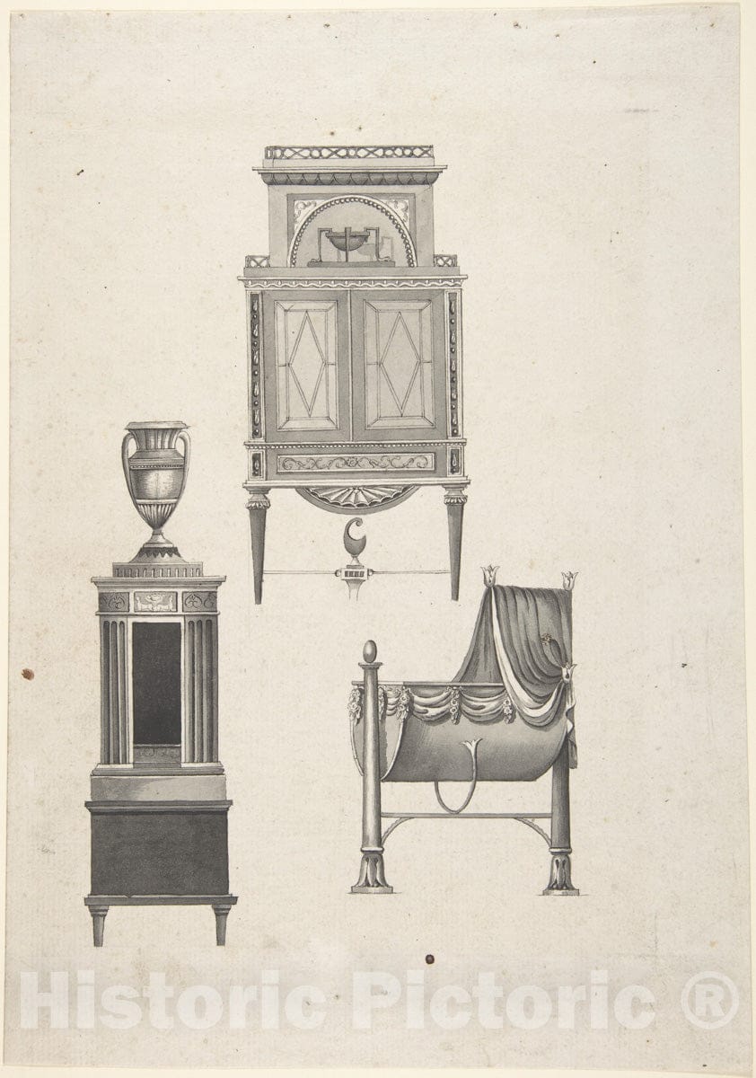 Art Print : Anonymous - Design for Furniture in a Variation on The Style of Thomas Sheraton, a Desk or Bookcase, a Plate-Warmer (?) Pedestal, and a Cradle : Vintage Wall Art