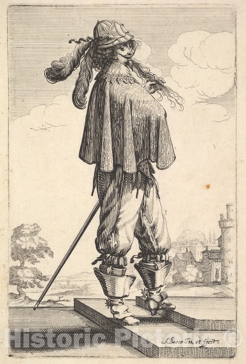 Art Print : Abraham Bosse - A Gentleman Wearing a Short Coat, a Helmet, and Boots with Spurs, Standing on The Steps and Turned Towards The Right : Vintage Wall Art