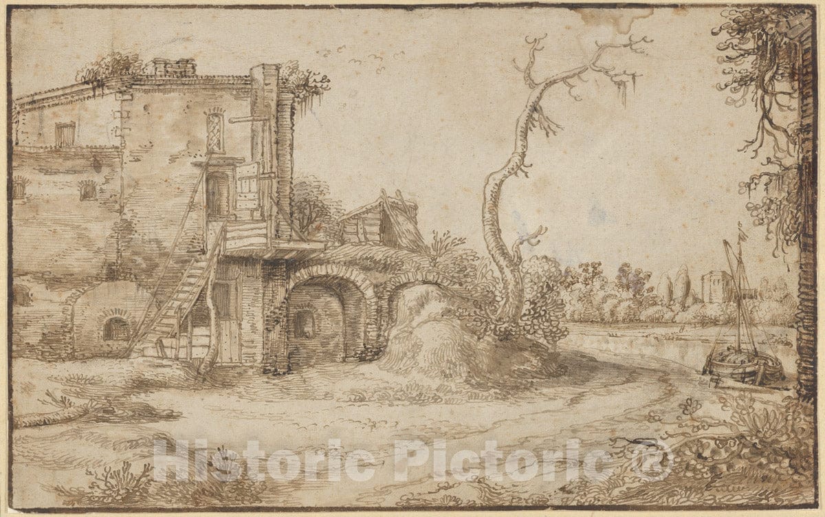 Art Print : Jan Van de Velde II - an Inhabited Ruin on The Bank of a River : Vintage Wall Art