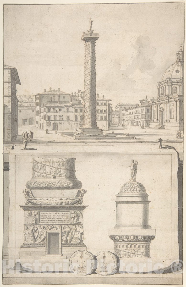 Art Print : Jan Goeree - A View of The Column of Trajan (Above) with Details (Below) : Vintage Wall Art