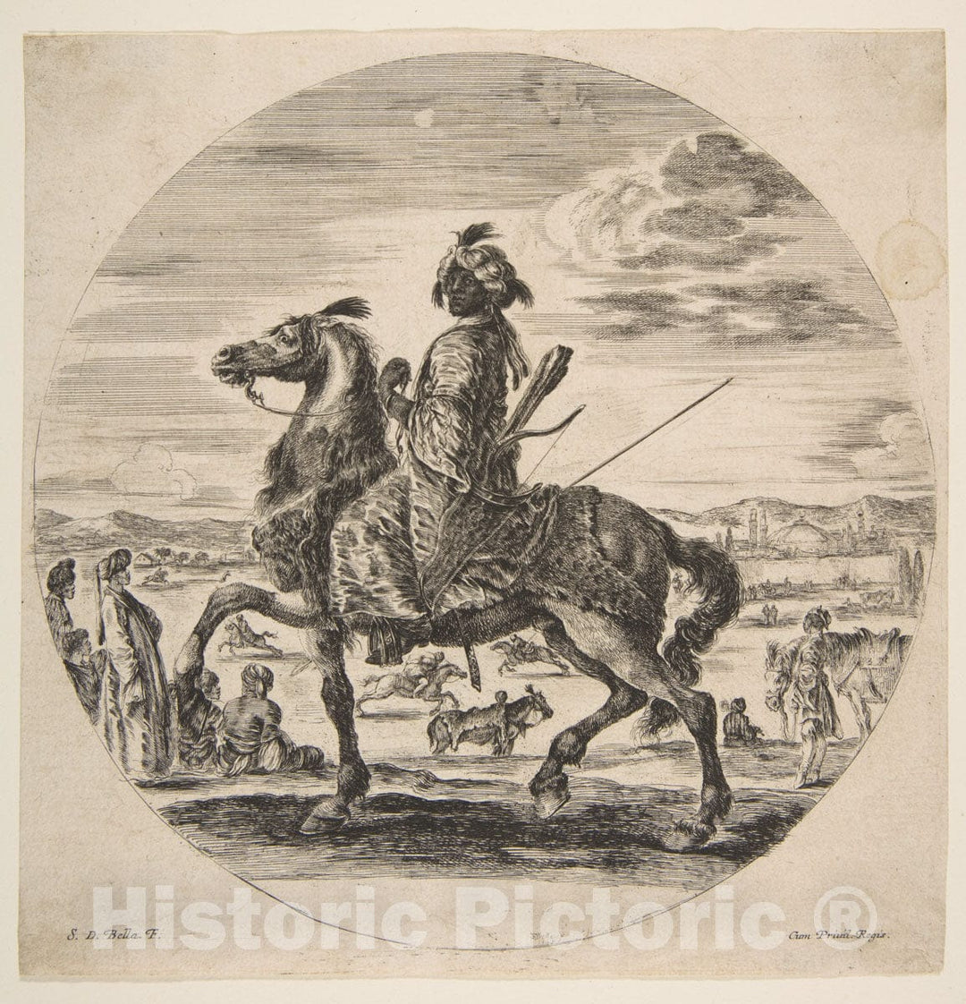 Art Print : A Moorish Horseman Facing The Left - Artist: Stefano Della Bella - Created: c1651 : Vintage Wall Art