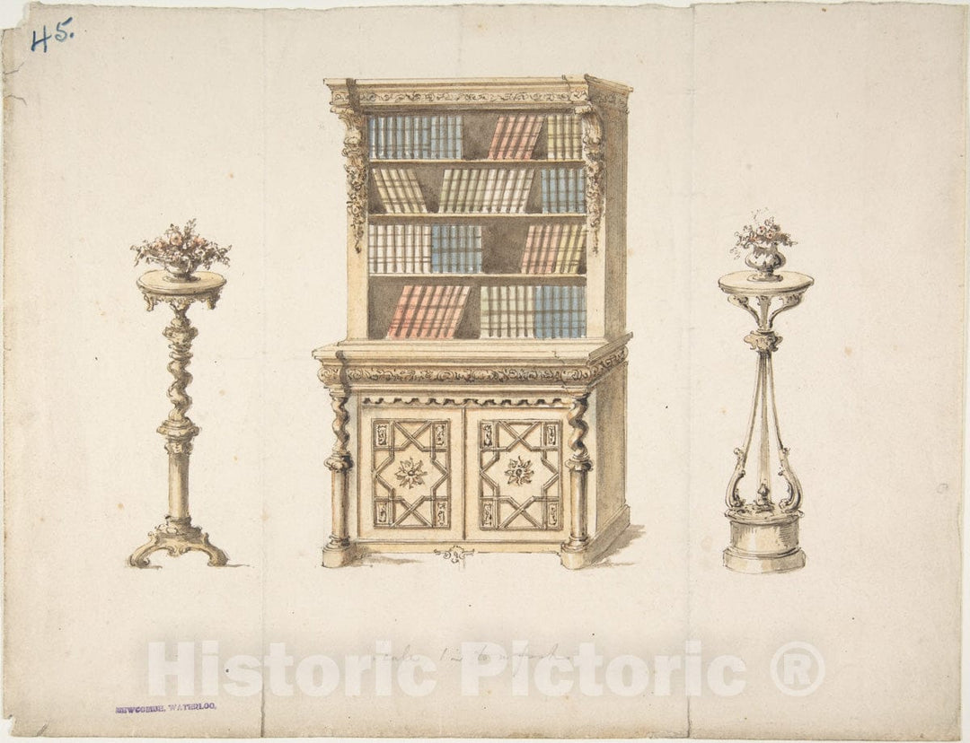 Art Print : British, 19th Century - Design for a Cabinet-Bookcase and Two Stands for Flowers : Vintage Wall Art