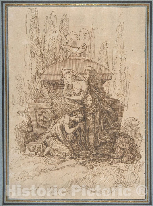 Art Print : Workshop of Ennemond Alexandre Petitot - Landscape with a Memorial Scene : Vintage Wall Art