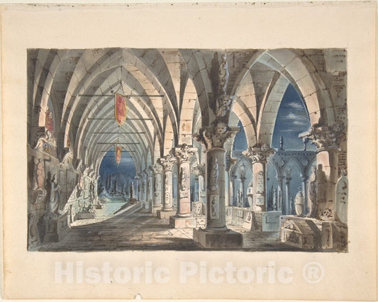 Art Print : Italian, 19th Century - Design for a Stage Set: Cloister at Night : Vintage Wall Art