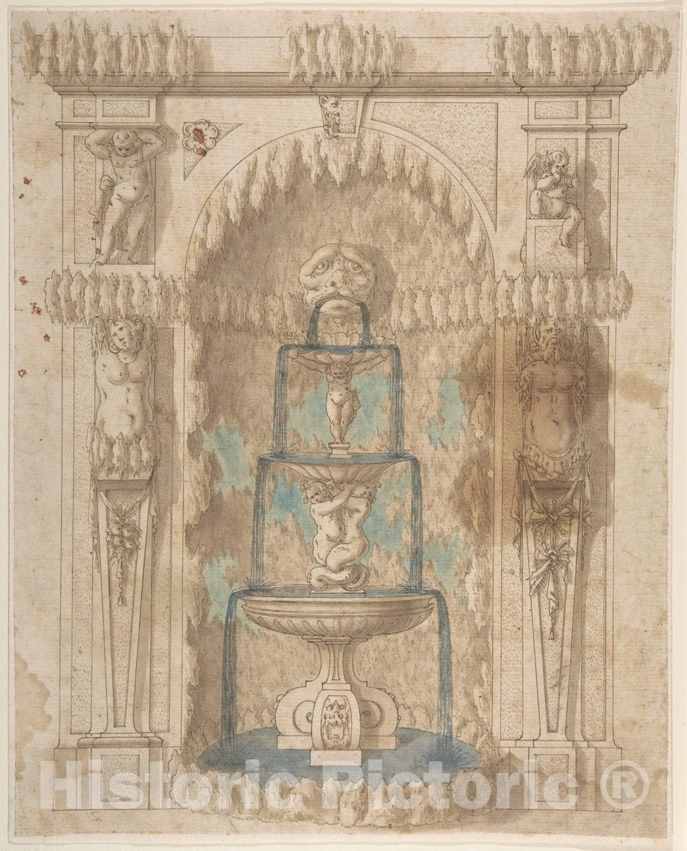 Art Print : Italian, 17th Century - Design for a Grotto with a Fountain : Vintage Wall Art