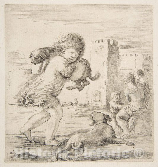 Art Print : Stefano Della Bella - Child Carrying a Puppy on his Shoulder 1 : Vintage Wall Art