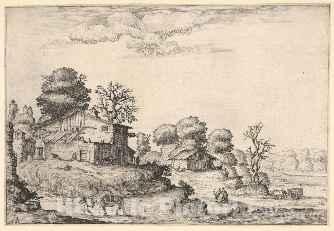 Art Print : Landscape with Peasant dwellings and a Man Leading a Horse in The Left Foreground - Artist: Ercole Bazicaluva - Created: 1638 : Vintage Wall Art