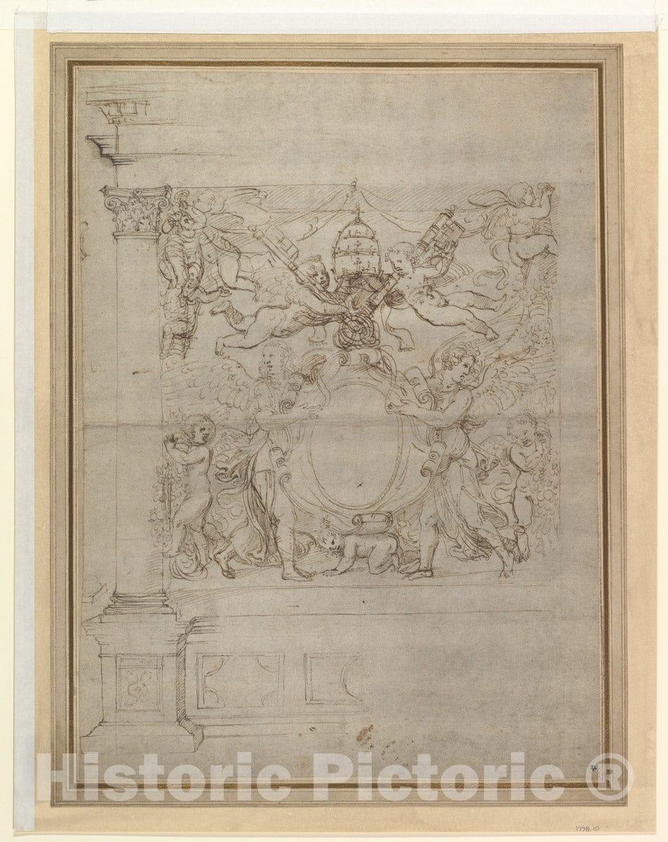 Art Print : Giulio Romano - A Tabernacle Containing a Papal Escutcheon Supported by Angels : Vintage Wall Art