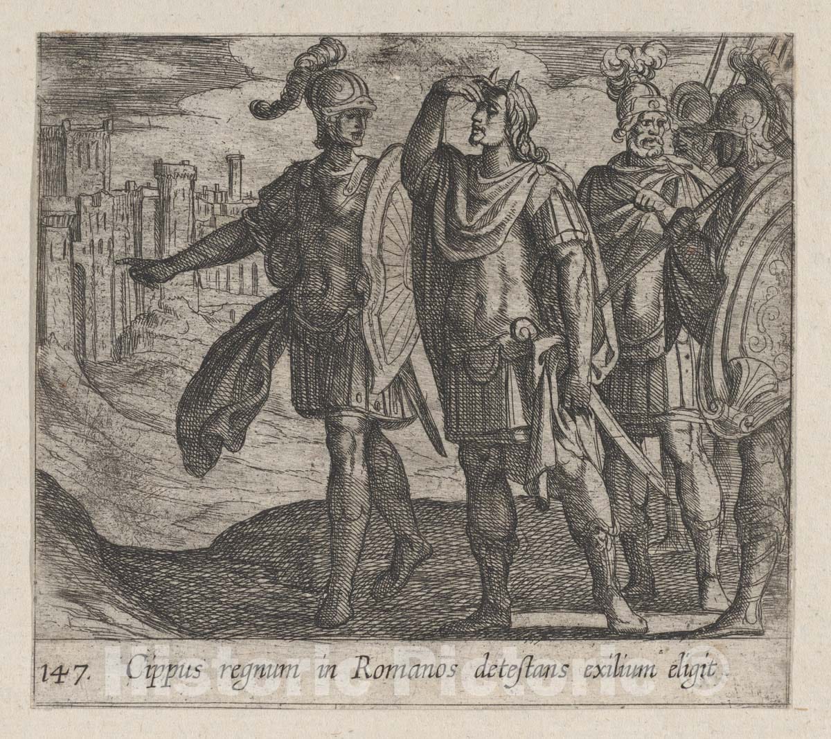 Art Print : Antonio Tempesta - Plate 147: Cipus with his Horns (Cippus regnum in Romanos detestans exilium eligit), from Ovid's 'Metamorphoses' : Vintage Wall Art