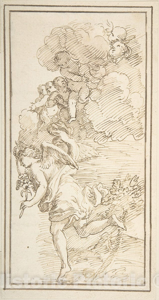 Art Print : Archangel Holding a Lily in a Landscape with Clouds Bearing Putti - Artist: Italian, First Half of The 18th Century - 18th Century : Vintage Wall Art