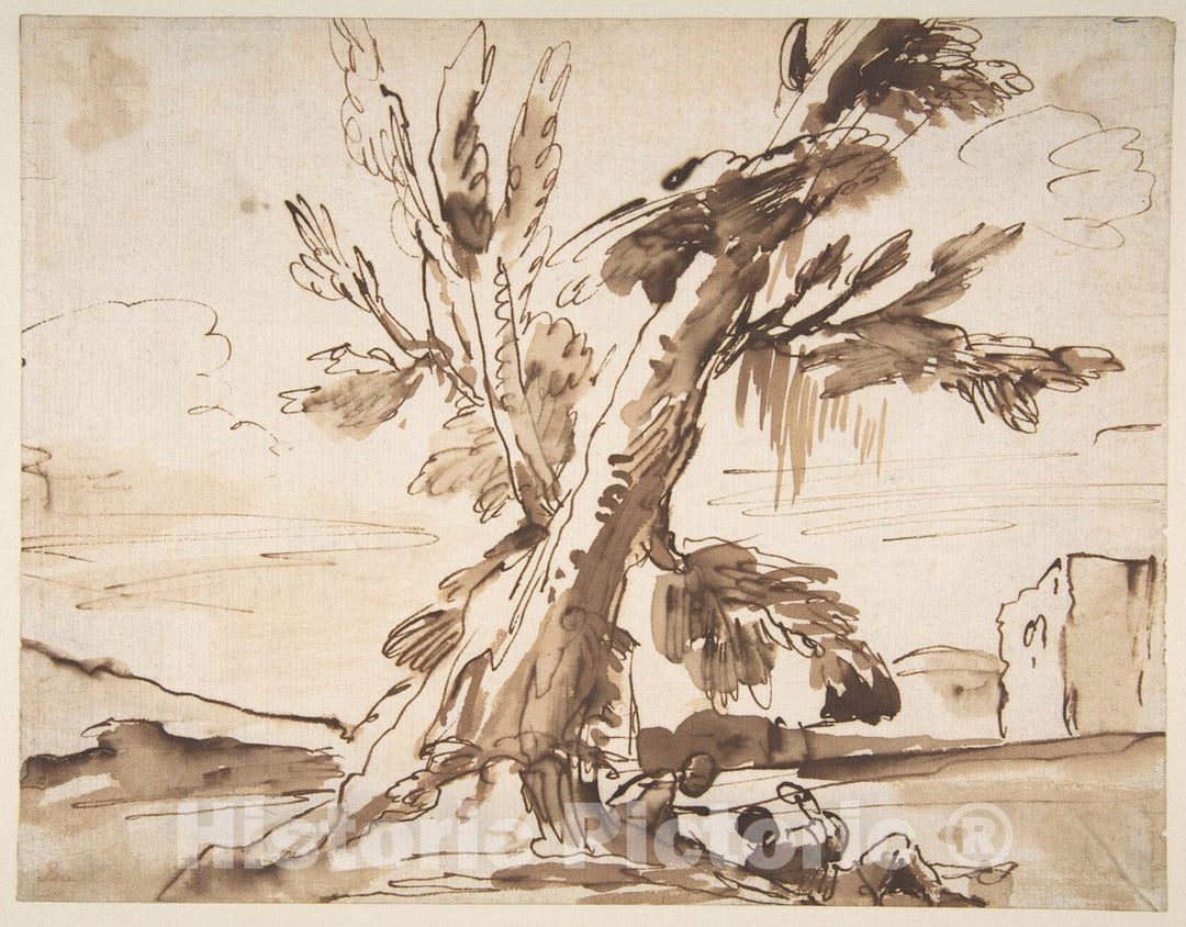 Art Print : Pier Francesco Mola - Landscape with Two Men Under a Tree. : Vintage Wall Art
