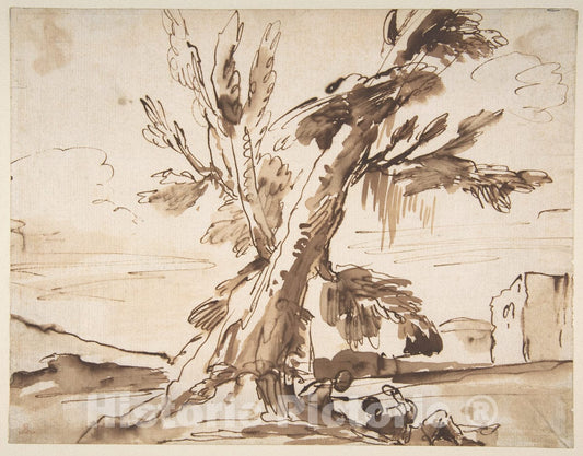 Art Print : Pier Francesco Mola - Landscape with Two Men Under a Tree. : Vintage Wall Art