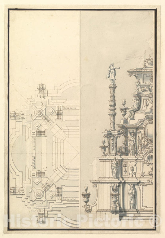 Art Print : Half Elevation and Half Plan for a Catafalque for Maximilian, Elector of Bavaria, Probably Maximilian II Emanuel (1662-1726)" - Artist: Bibiena - : Vintage Wall Art