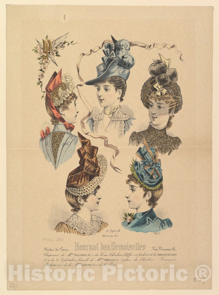 Art Print : Paul Deferneville - Ladies' Hats, No. 4671, from Journal des Demoiselles : Vintage Wall Art