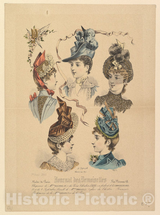 Art Print : Paul Deferneville - Ladies' Hats, No. 4671, from Journal des Demoiselles : Vintage Wall Art