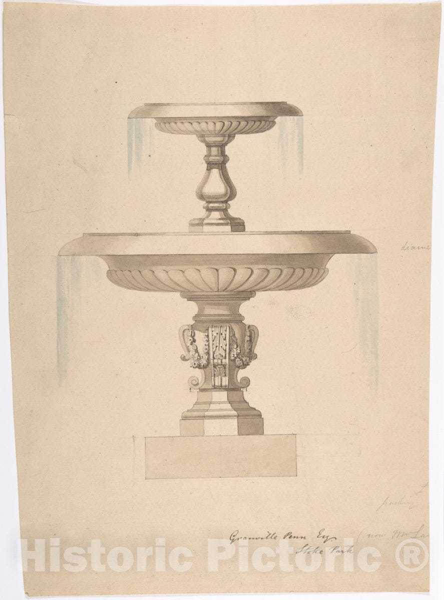 Art Print : British, 19th Century - Design for a Fountain with Two Basins (Recto); Another Design (Verso) : Vintage Wall Art