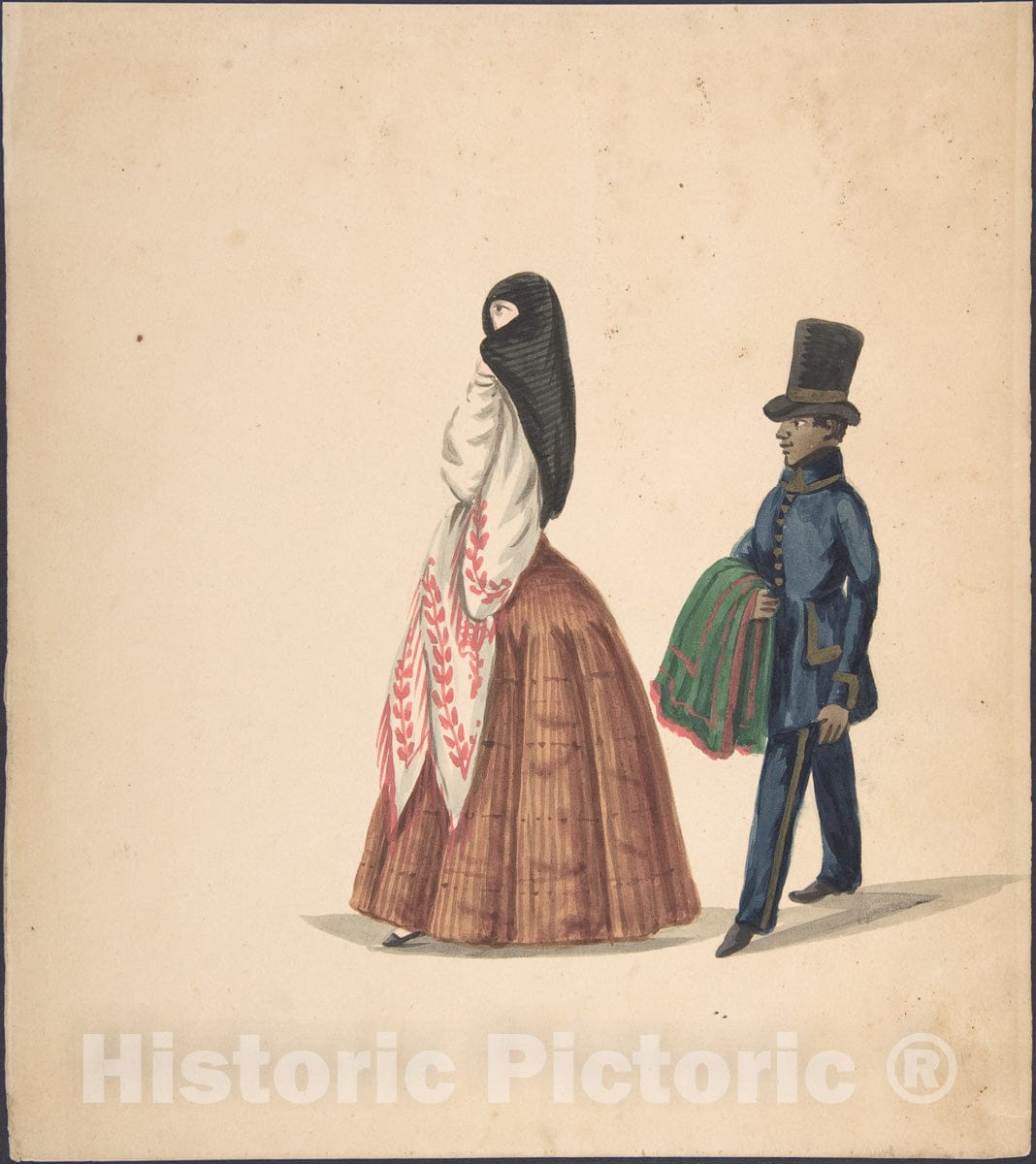 Art Print : Peruvian, 19th Century - A Woman, Followed by Her Servant 2 : Vintage Wall Art
