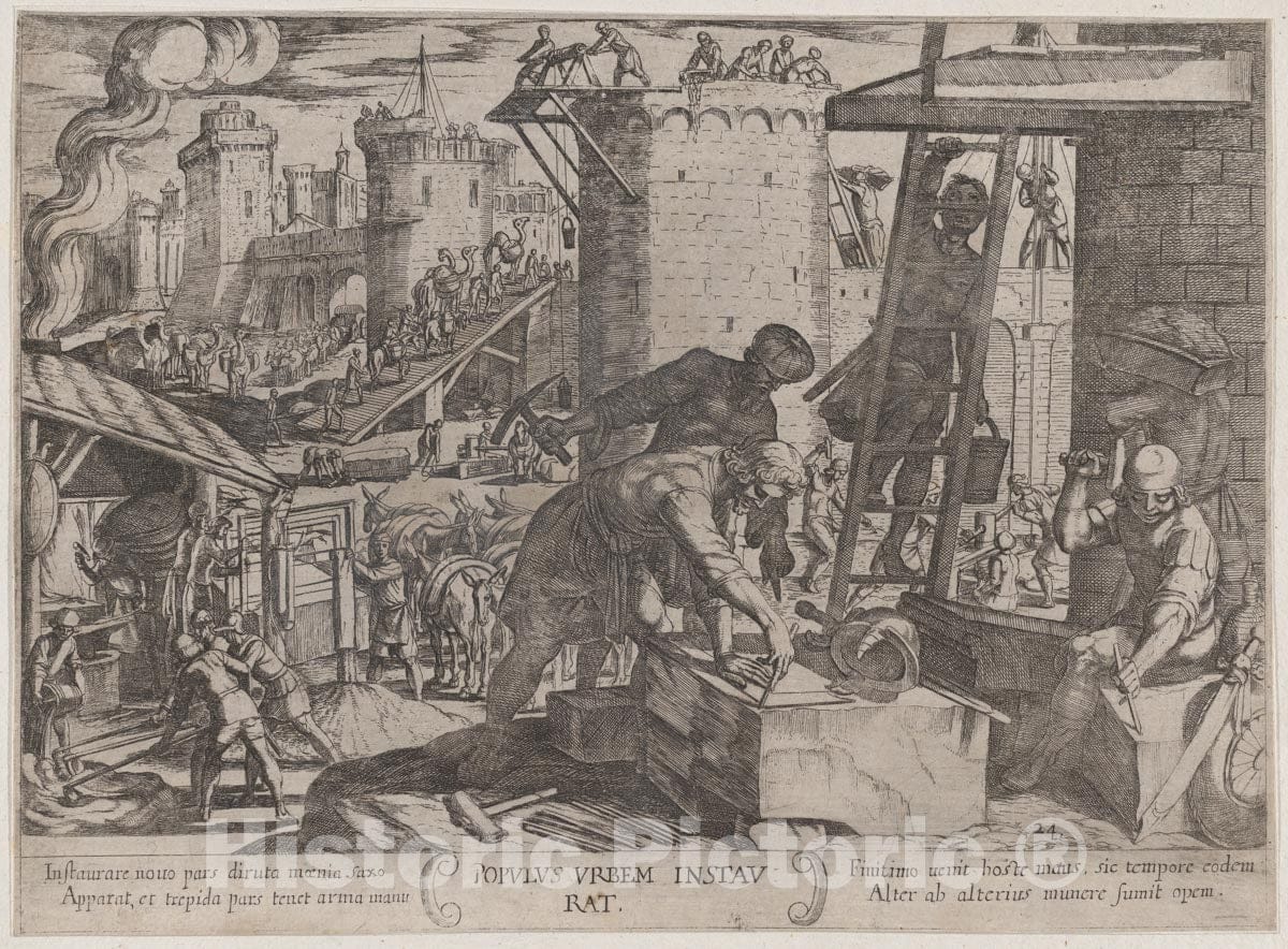 Art Print : Antonio Tempesta - Plate 24: The Israelites Rebuilding The Walls of Jerusalem, from 'The Battles of The Old Testament' : Vintage Wall Art