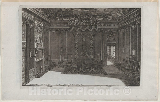 Art Print : Ornament Interior with a Canopy Bed and a Row of Chairs Lining The Walls - Artist: Daniel Marot The Elder - Created: 1703 : Vintage Wall Art