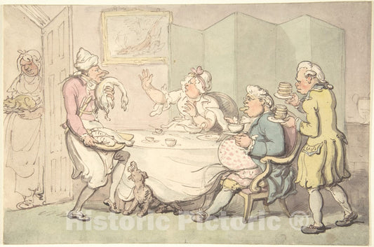Art Print : After Thomas Rowlandson - A Couple at Table with Servants : Vintage Wall Art