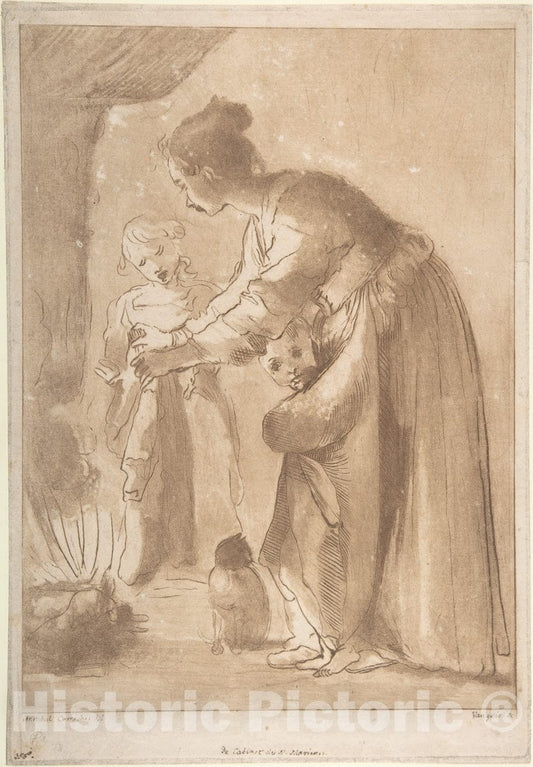 Art Print : Vincenzio Vangelisti - A Domestic Scene: Woman Warming Clothes and Children in Front of a Fire : Vintage Wall Art