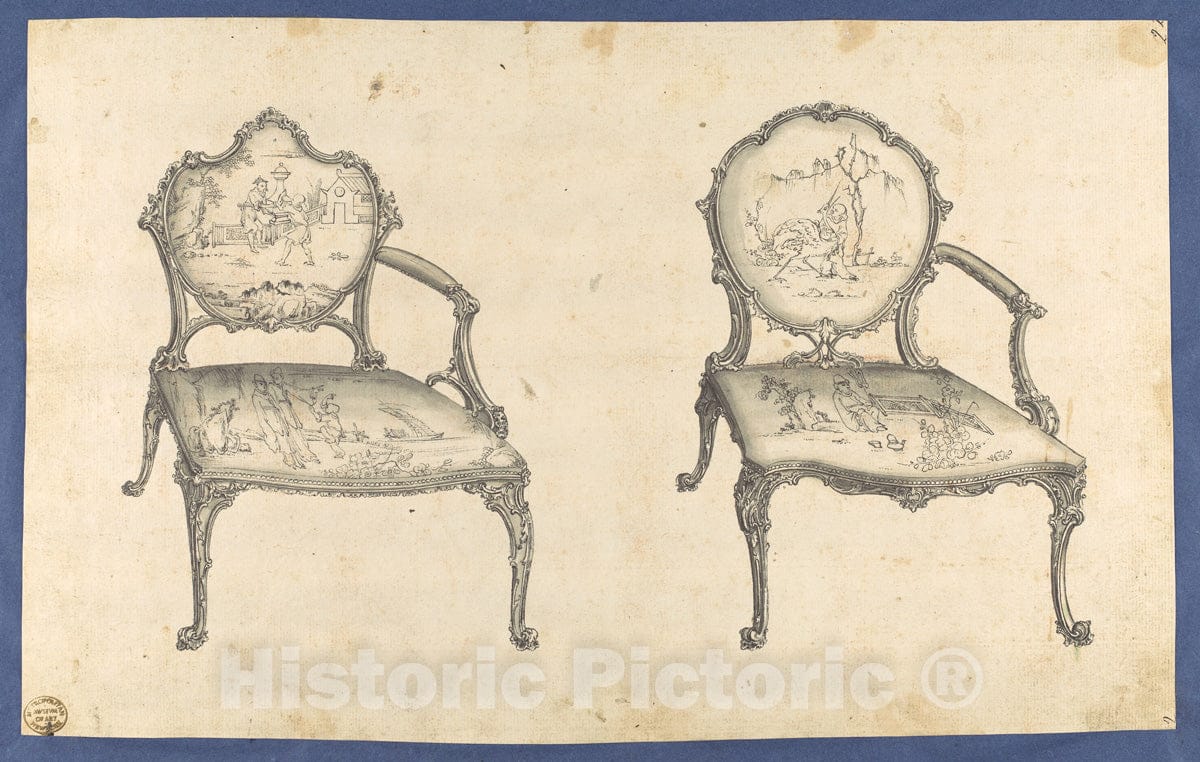 Art Print : Thomas Chippendale - Two French Chairs, in Chippendale Drawings, Vol. I 3 : Vintage Wall Art