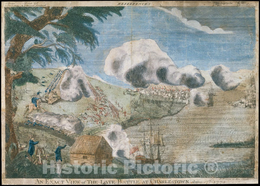 Art Print : Bernard Romans - an Exact View of The Late Battle at Charlestown, June 17th, 1775 : Vintage Wall Art