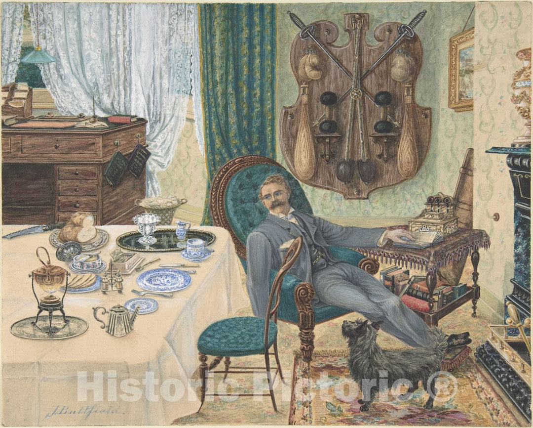 Art Print : J. Buttfield - A Bachelor in His Study (The Sportsman's Breakfast) : Vintage Wall Art